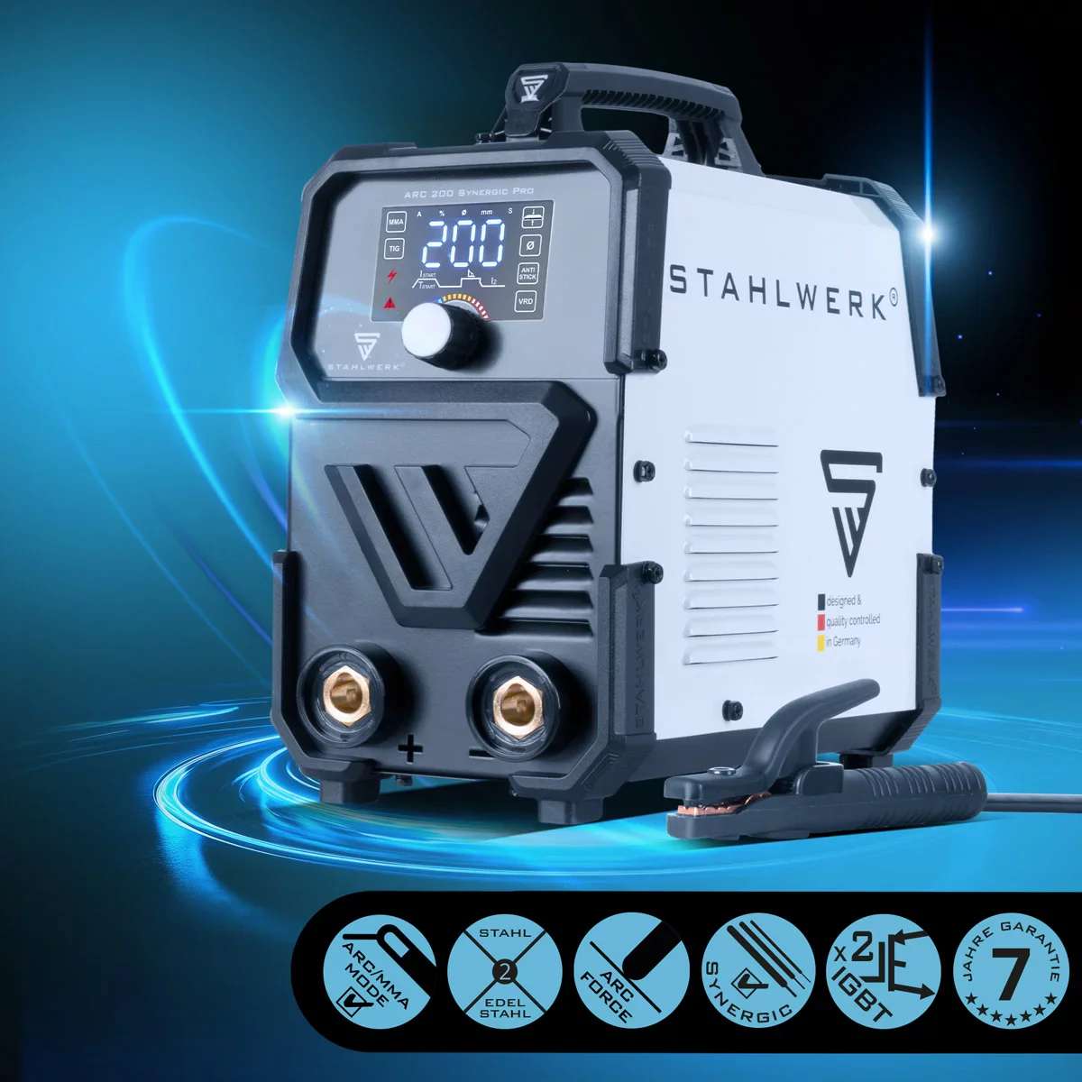 STAHLWERK ARC 200 Synergic Pro Elektroden-Schweißgerät, vollsynergischer MMA | E-Hand | Lift-TIG Inverter mit 200 Ampere und IGBT Technologie - Image 3