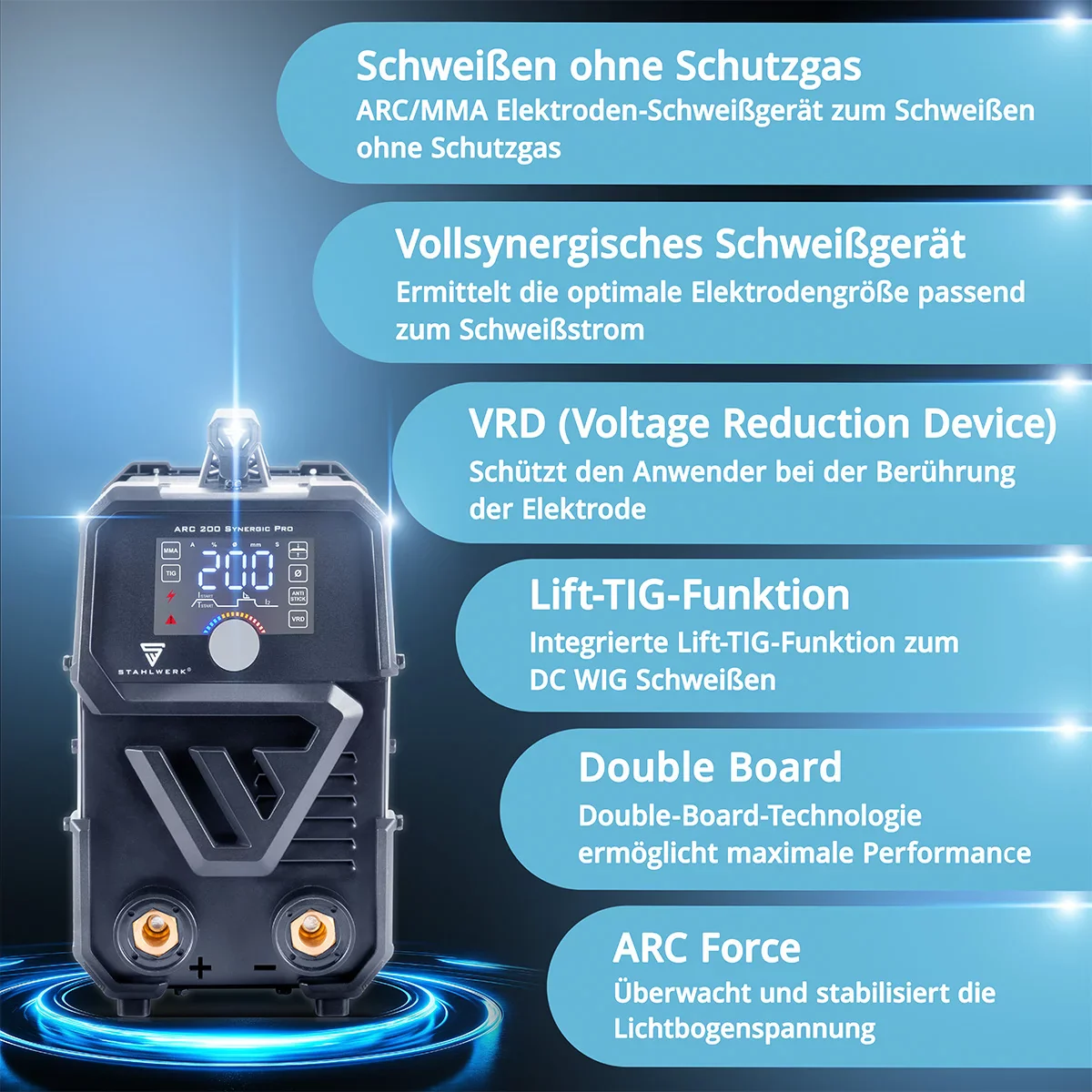 STAHLWERK ARC 200 Synergic Pro Elektroden-Schweißgerät, vollsynergischer MMA | E-Hand | Lift-TIG Inverter mit 200 Ampere und IGBT Technologie - Image 4