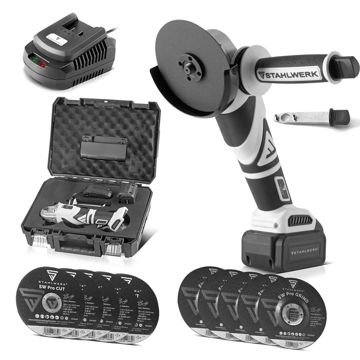 STAHLWERK Brushless Akku Winkelschleifer AWS-20 Bürstenlos 20 V/4Ah Akku System, 0 - 7500 min-1, Scheibengrößen 115 mm & 125 mm, inklusive 1 x 4 Ah Akku und Ladegerät - Image 3