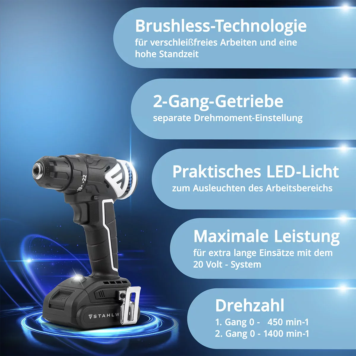 STAHLWERK Akkuschrauber ABS-18 ST mit 18 Volt und Brushless-Technologie, Akku Bohrschrauber | Akku Bohrer | Bohrmaschine | Akku Werkzeug Set inklusive Akku, Aufladegerät und Transportkoffer - Image 3