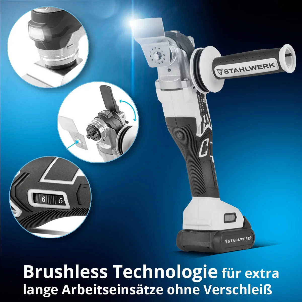 STAHLWERK Oszillierendes Akku Multifunktionswerkzeug OMTB-20 ST mit 900 Watt, 10.500-20.000 U/min und 20 V Akku-System, Deltaschleifer / Oszillationswerkzeug / Multicutter mit Brushless Technologie - Image 7