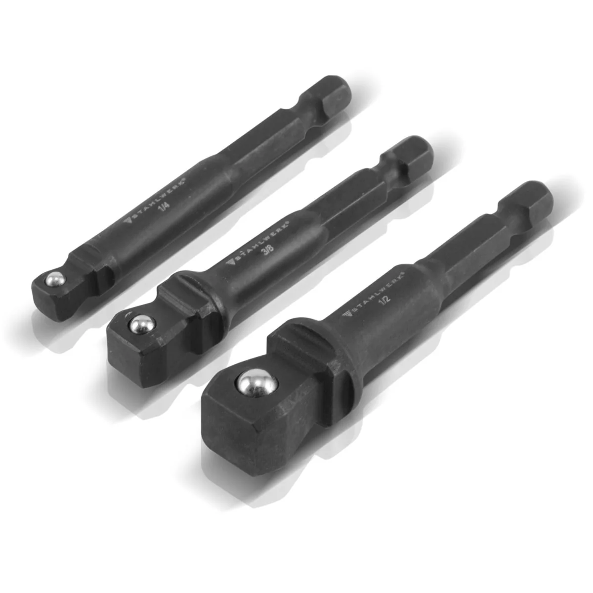 STAHLWERK 3-teiliges Steckschlüssel-Adapter-Set aus Chrom-Molybdän mit Kugel-Arretierung geeignet für Akku-Schrauber und Bohrmaschinen - Image 3