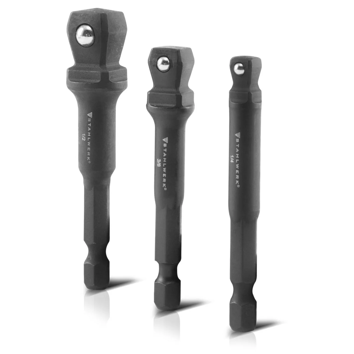 STAHLWERK 3-teiliges Steckschlüssel-Adapter-Set aus Chrom-Molybdän mit Kugel-Arretierung geeignet für Akku-Schrauber und Bohrmaschinen - Image 5