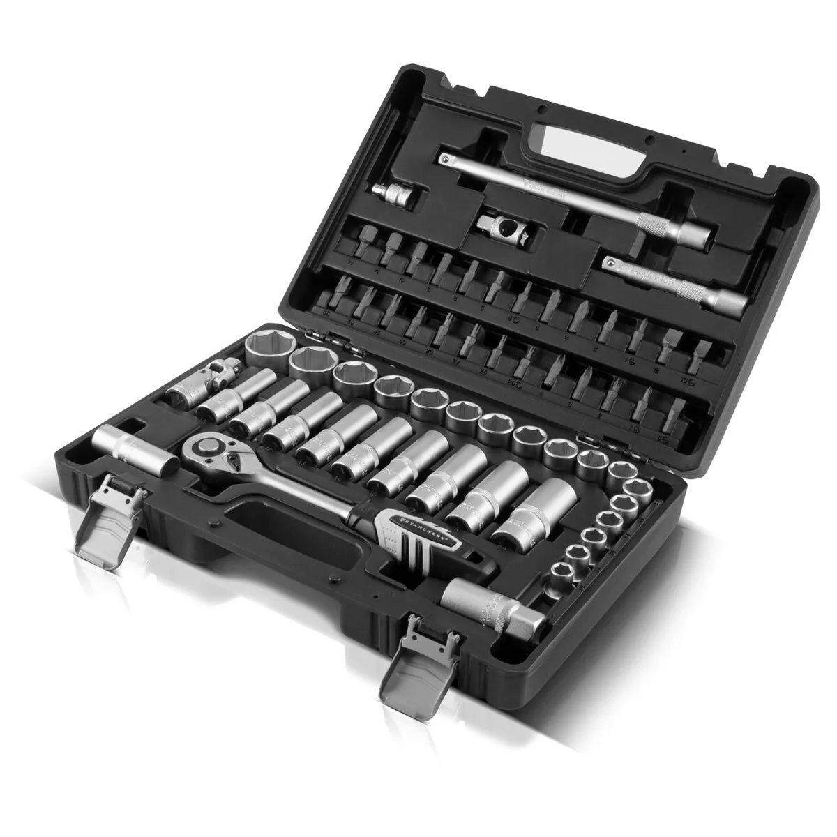 STAHLWERK 60-teiliger Profi-Ratschenkasten mit 1/2 Zoll Umschaltknarre aus Chrom- Vanadium-Stahl 72 Zähne inklusive Steckschlüssel- und Bit-Set S2-Stahl - Image 3
