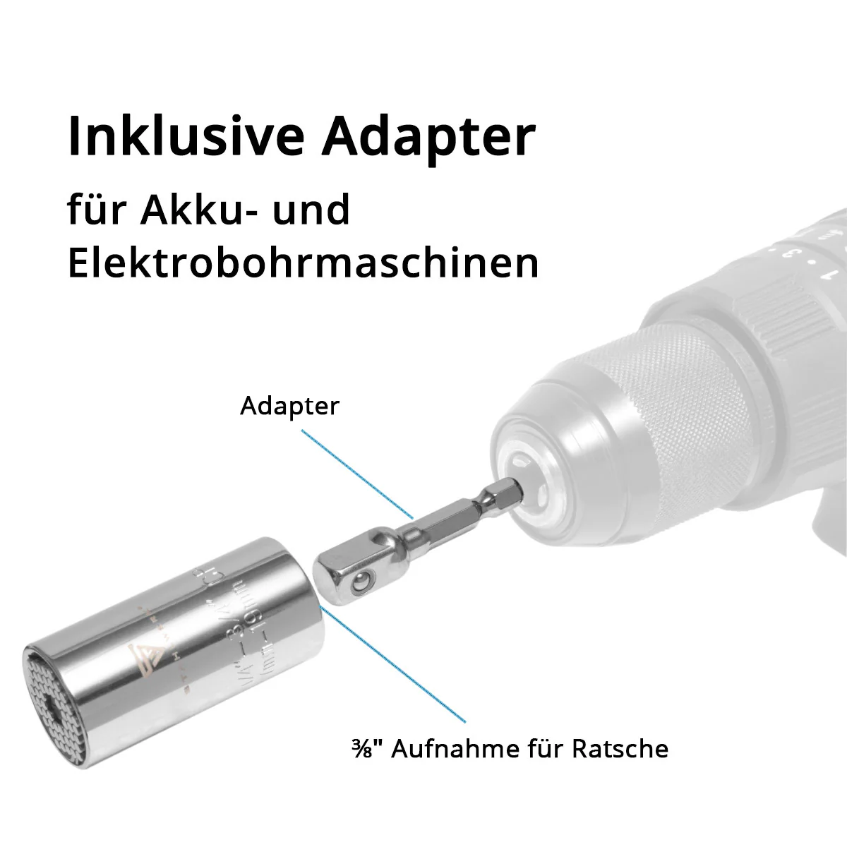 STAHLWERK Universal-Steckschlüssel 7-19 mm Multifunktionsnuss für 3/8" Ratschen inklusive Adapter für Akku-und Elektrobohrmaschinen - Image 7