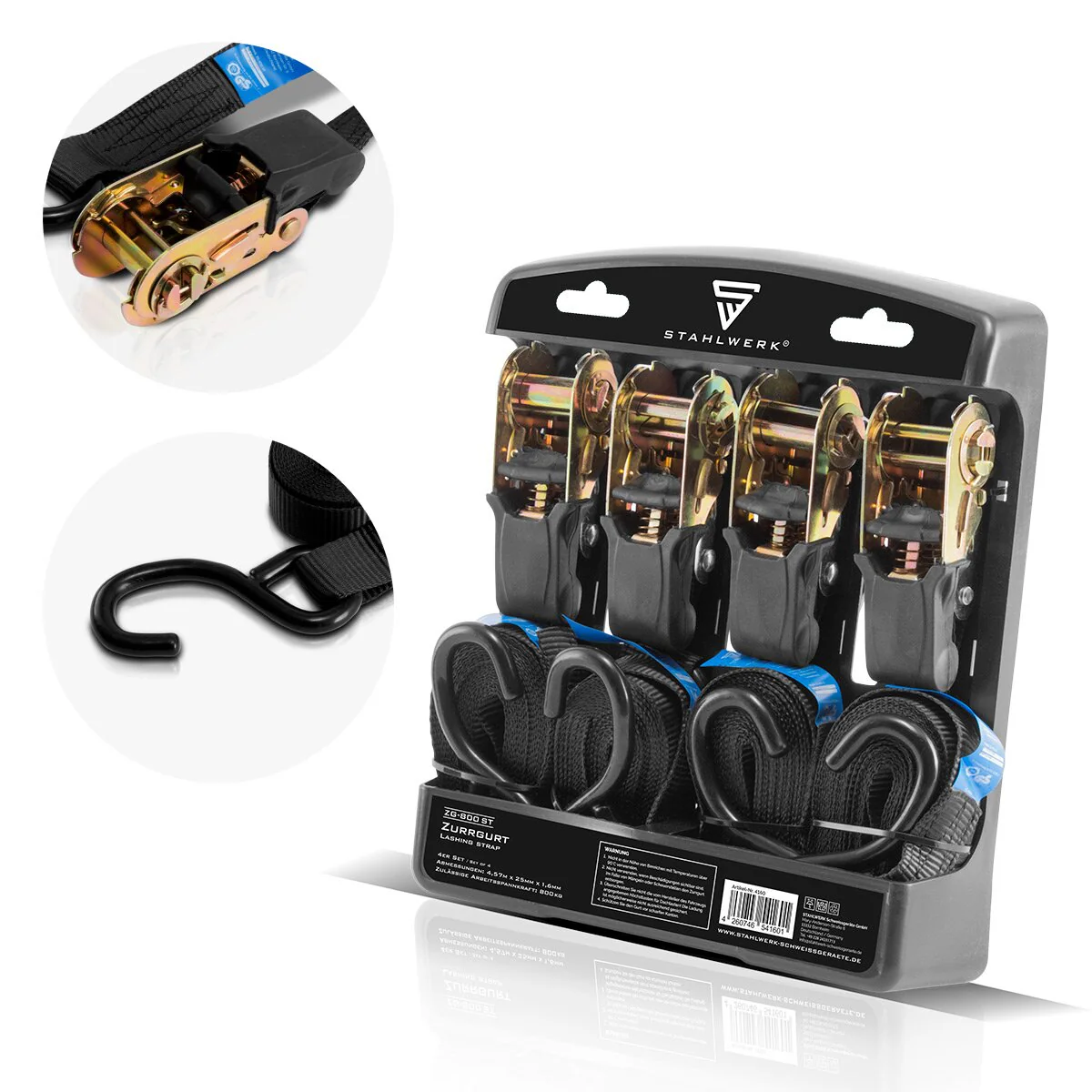 STAHLWERK Spanngurte mit Ratsche + Haken ZG-800 ST 400 kg Zuglast 4er Set / Spannband / Zurrgurt / Ratschengurt mit 4,57 m Länge und einer Bruchlast von 680 kg - Image 3