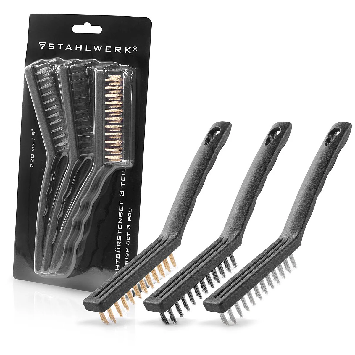 STAHLWERK Drahtbürsten Set 220 mm (9 Zoll) 3-teiliger Bürstensatz aus Messingbürste, Stahlbürste und Nylonbürste zum effektiven Reinigen von Oberflächen - Image 3