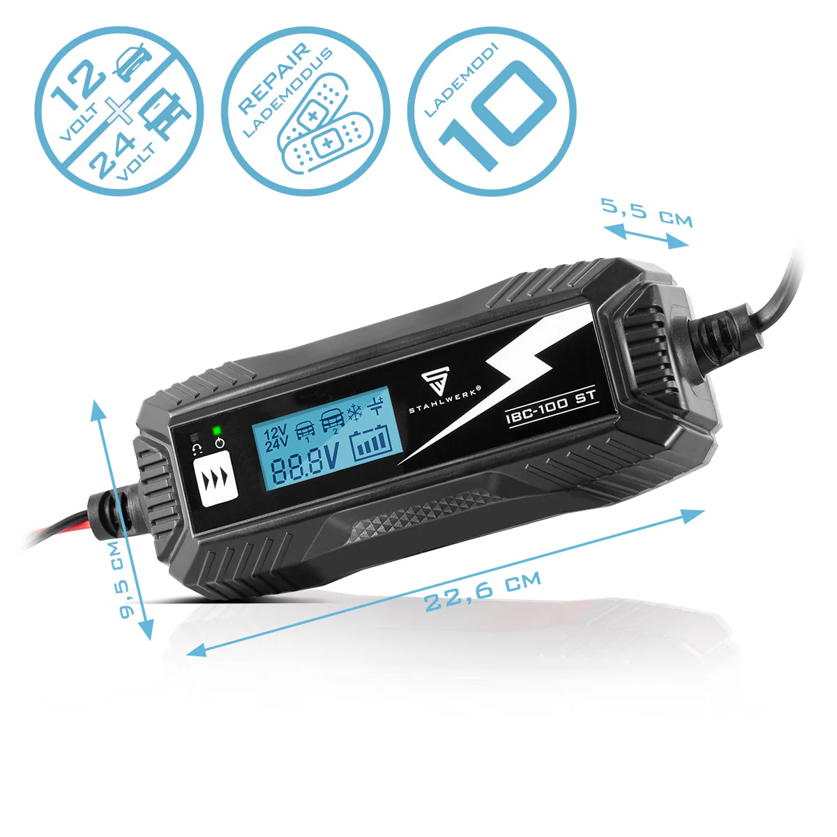 STAHLWERK Batterieladegerät IBC-100 ST mit Mikroprozessor und 10 Lademodi für 12V/24V AGM, VRLA, MF, SLA und GEL-Batterien | Intelligentes Ladegerät für Auto und Motorrad - Image 5