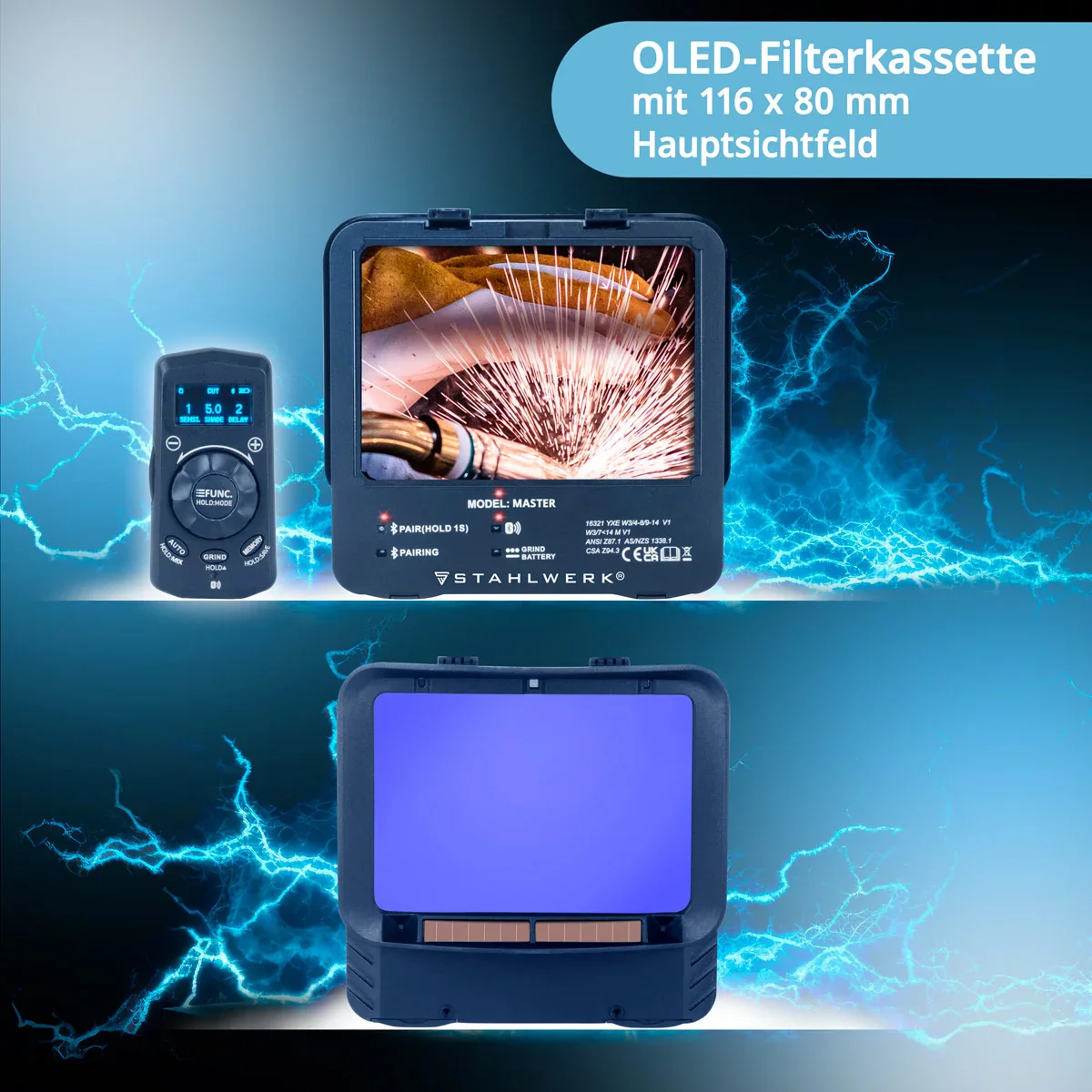 STAHLWERK 3-in-1 Automatik-Schweißhelm MASTER AIR | Schweißhelm mit Frischluftzufuhr | Bluetooth-Fernsteuerung | True-Colour-Farbwiedergabe | Abdunkelung DIN 4 bis DIN 14 | Optische Klasse 1/1/1/1 - Image 9