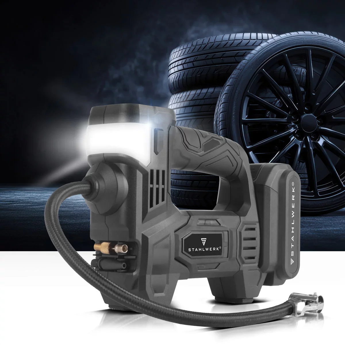 STAHLWERK Akku-Druckluftkompressor ADK-20 ST | 72 Watt Leistung und 2 Ah Akku | Mini-Kompressor zum Aufpumpen von Reifen, Bällen | Elektrische Luftpumpe mit Digitalanzeige und Beleuchtung | Luftkompressor - Image 11