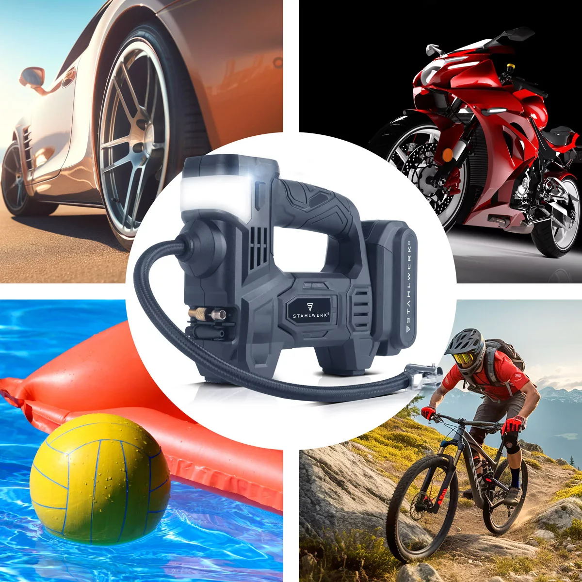 STAHLWERK Akku-Druckluftkompressor ADK-20 ST | 72 Watt Leistung und 2 Ah Akku | Mini-Kompressor zum Aufpumpen von Reifen, Bällen | Elektrische Luftpumpe mit Digitalanzeige und Beleuchtung | Luftkompressor - Image 12