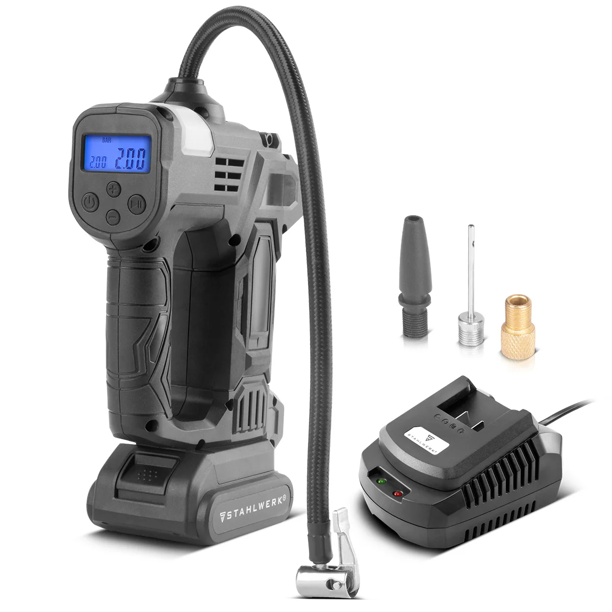 STAHLWERK Akku-Druckluftkompressor ADK-20 ST | 72 Watt Leistung und 2 Ah Akku | Mini-Kompressor zum Aufpumpen von Reifen, Bällen | Elektrische Luftpumpe mit Digitalanzeige und Beleuchtung | Luftkompressor - Image 3
