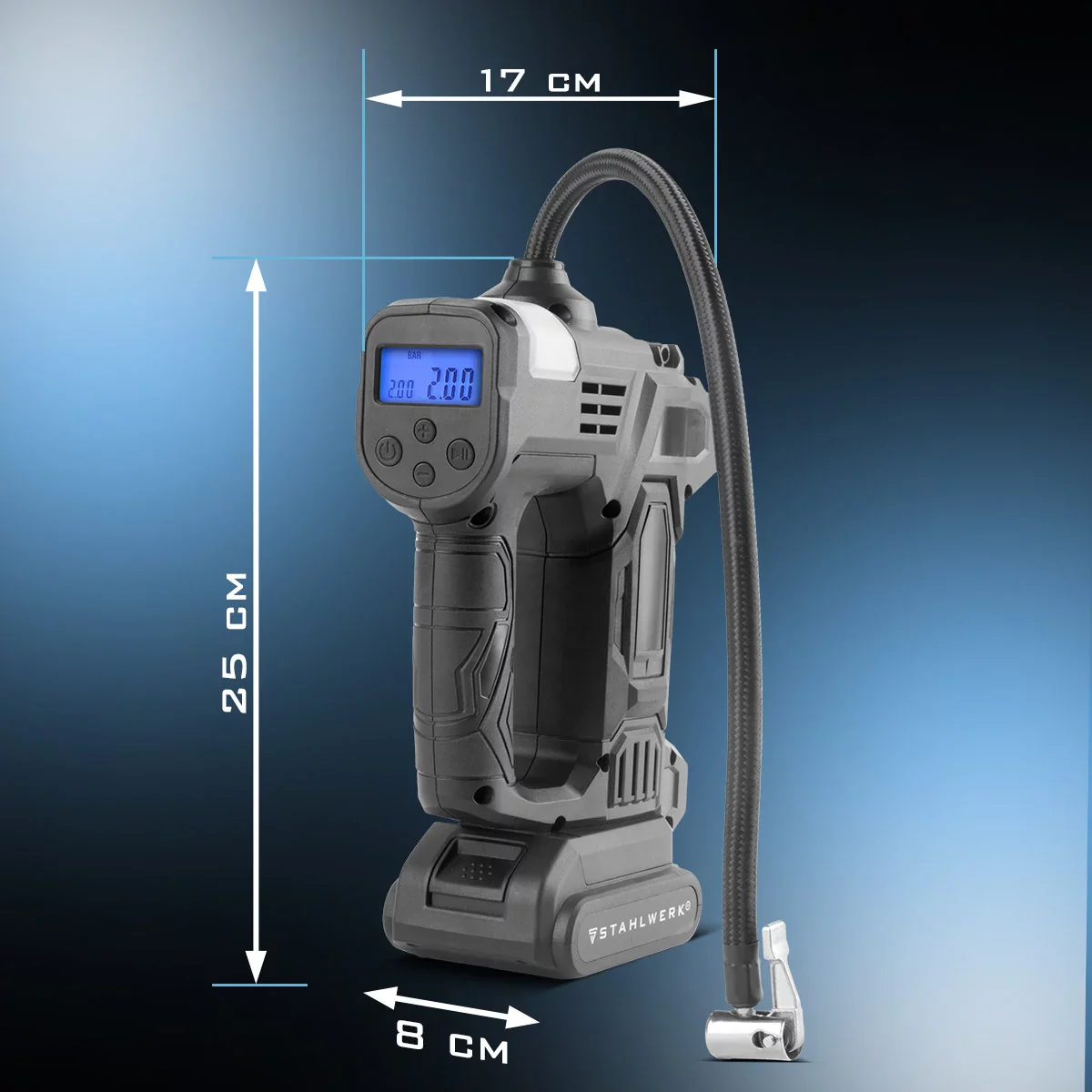 STAHLWERK Akku-Druckluftkompressor ADK-20 ST | 72 Watt Leistung und 2 Ah Akku | Mini-Kompressor zum Aufpumpen von Reifen, Bällen | Elektrische Luftpumpe mit Digitalanzeige und Beleuchtung | Luftkompressor - Image 5