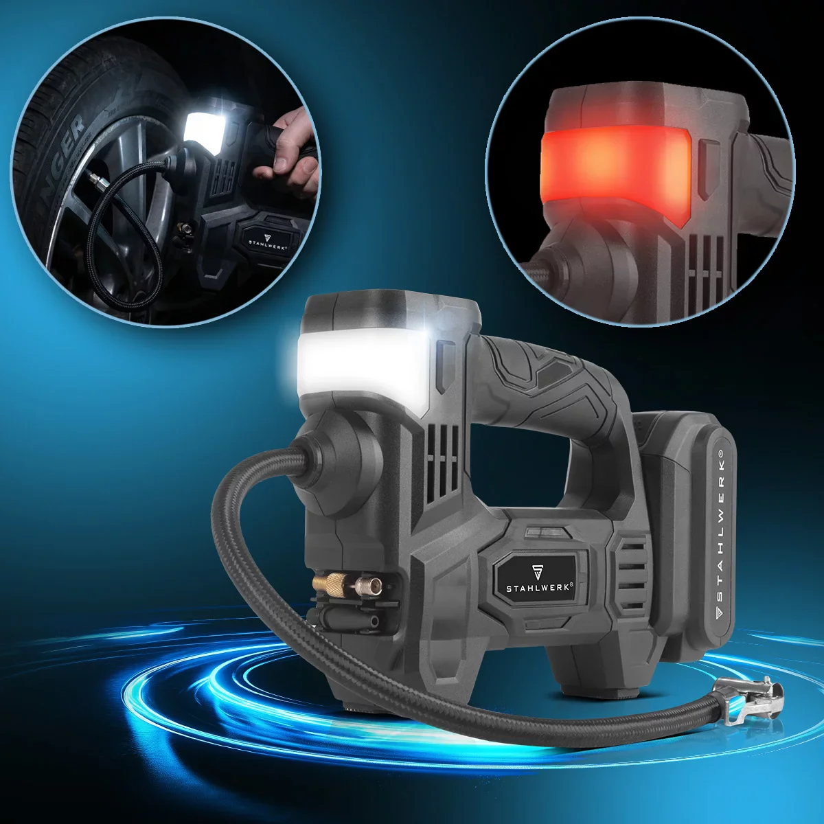 STAHLWERK Akku-Druckluftkompressor ADK-20 ST | 72 Watt Leistung und 2 Ah Akku | Mini-Kompressor zum Aufpumpen von Reifen, Bällen | Elektrische Luftpumpe mit Digitalanzeige und Beleuchtung | Luftkompressor - Image 7