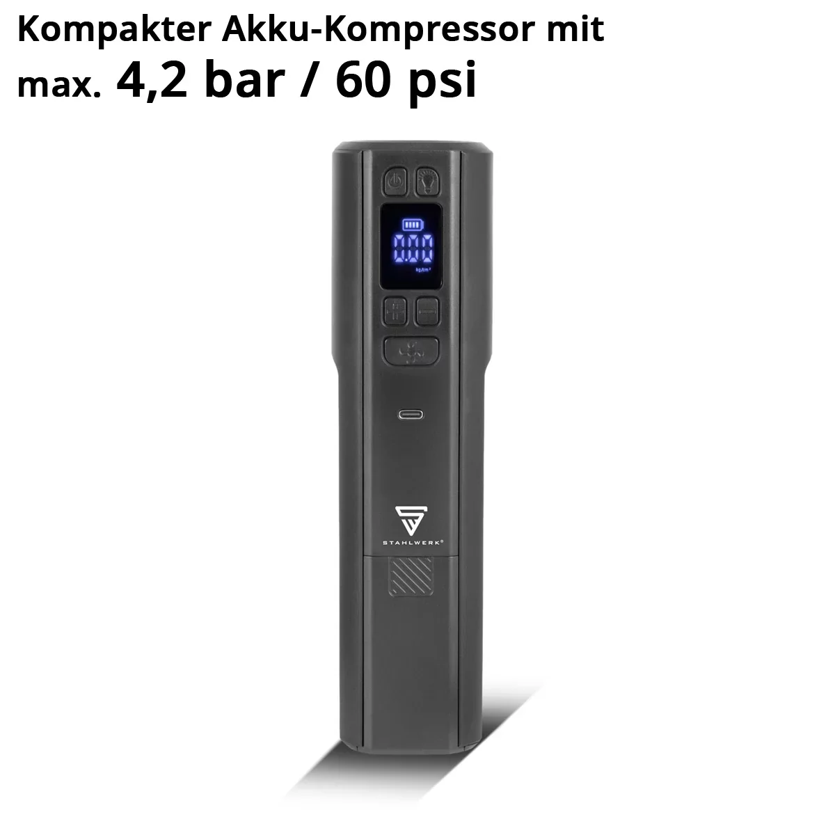 STAHLWERK Akku-Kompressor HF-800 ST | Reifenkompressor mit 4.000 mAh Lithium-Akku | 80 W Leistung, max. 4,2 bar | Digitaldisplay mit psi/bar/kg/cm² | Automatik-Abschaltung | LED-Arbeitslicht - Image 4