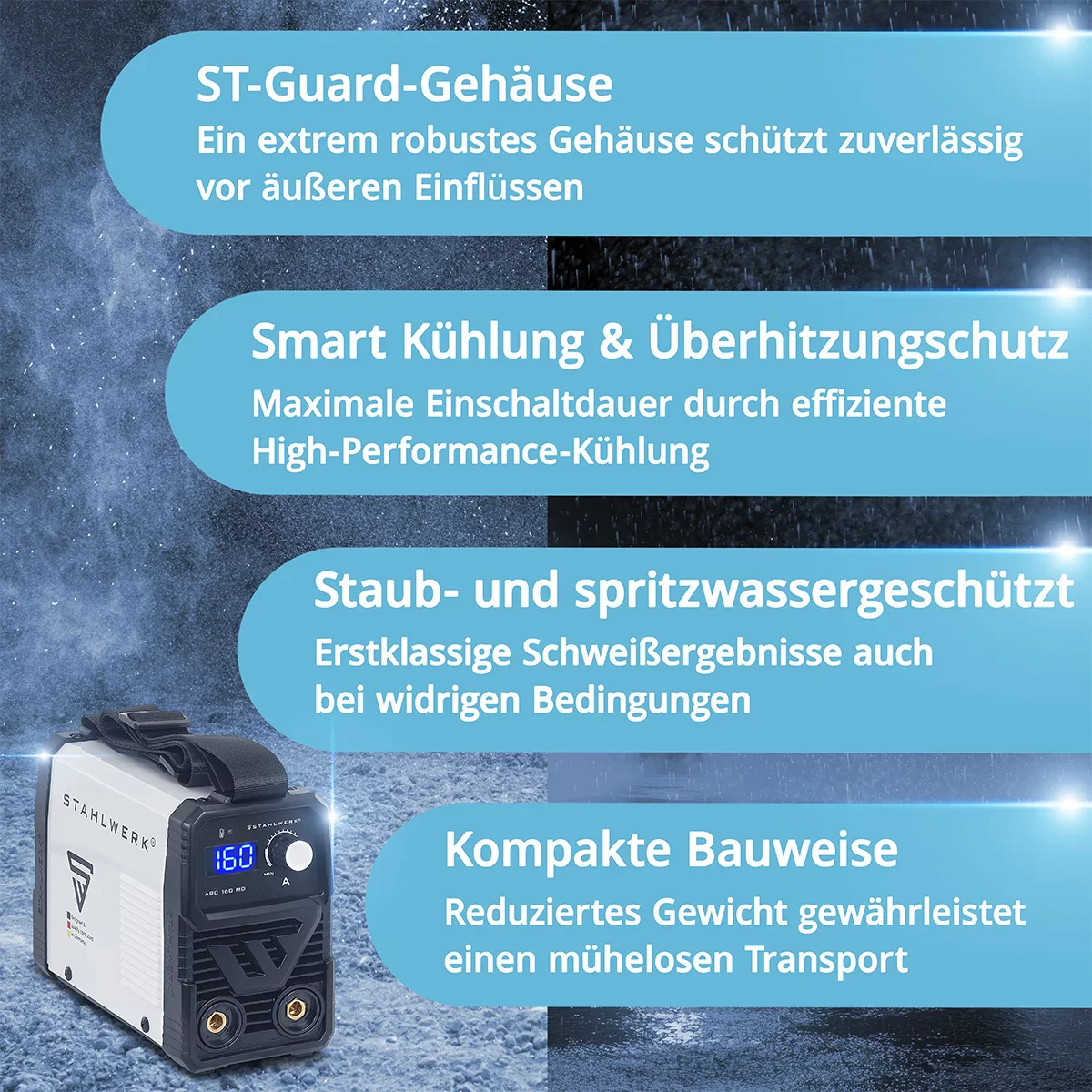 STAHLWERK ARC 160 MD Vollausstattung Elektroden-Schweißgerät - DC MMA, E-Hand, Lift-TIG Welder | Stufenlos regelbar | Echte 160 Ampere | Sehr kompakt und leicht | Hot-Start, Anti-Stick, Smart-Kühlung | IGBT-Technologie - Image 5