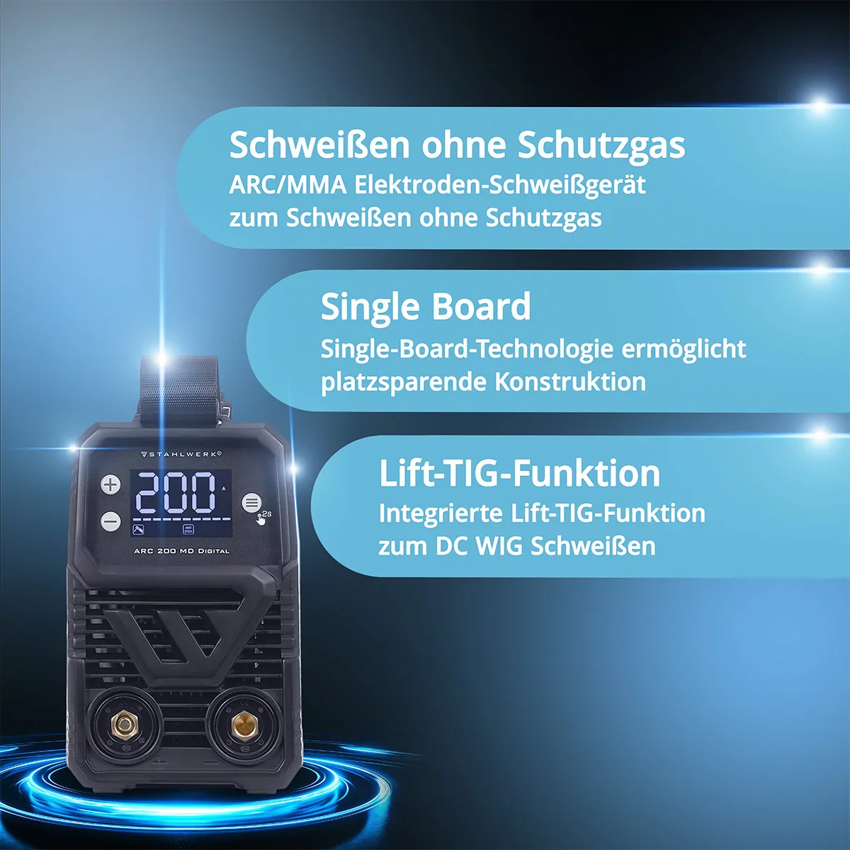 STAHLWERK ARC 200 MD Digital Elektroden-Schweißgerät DC Vollausstattung MMA / E-Hand, Lift-TIG | Echte 200 Ampere | Digital-Display mit Menü | Hotstart, Anti-Stick, ARC-Force, VRD | Smart-Kühlung | IGBT-Technologie - Image 5