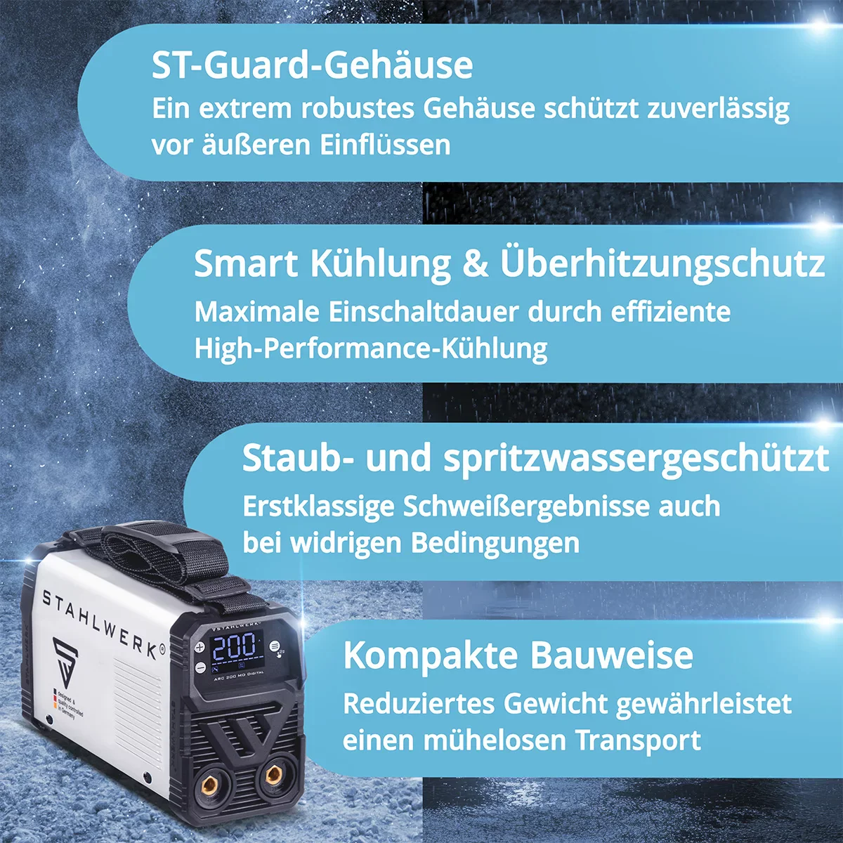 STAHLWERK ARC 200 MD Digital Elektroden-Schweißgerät DC Vollausstattung MMA / E-Hand, Lift-TIG | Echte 200 Ampere | Digital-Display mit Menü | Hotstart, Anti-Stick, ARC-Force, VRD | Smart-Kühlung | IGBT-Technologie - Image 7