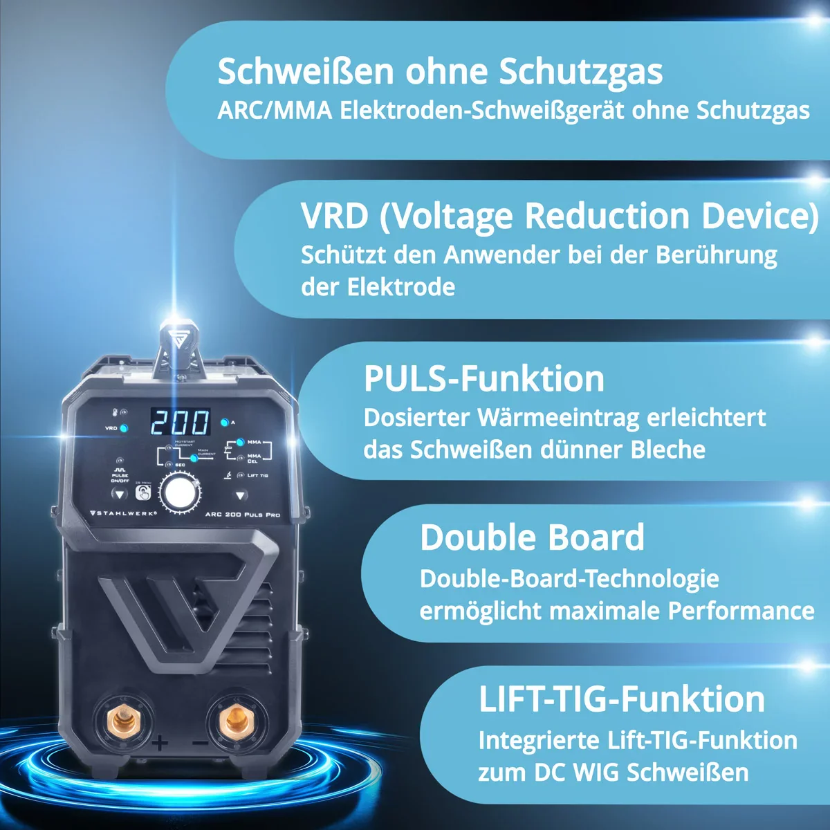 STAHLWERK ARC 200 Puls Pro Elektroden-Schweißgerät, kompakter MMA | E-Hand | Lift-TIG Inverter mit 200 Ampere, IGBT Technologie und Puls-Funktion - Image 4