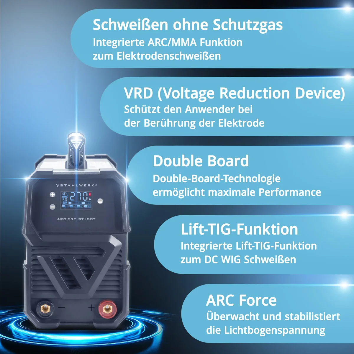 STAHLWERK ARC 270 ST Schweißgerät DC MMA | E-Hand Inverter Schweißmaschine mit 270 Ampere, Digital Display und IGBT Technologie - Image 3