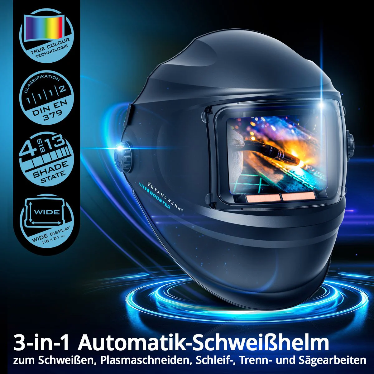 STAHLWERK Automatik-Schweißhelm BOOSTER 3-in-1 Schweißerhelm | Schweißermaske mit True-Colour-Echtfarbwiedergabe, Jobspeicher, automatischer Abdunkelung DIN 4 bis DIN 13 und Optischer Klasse 1/1/1/2 - Image 8