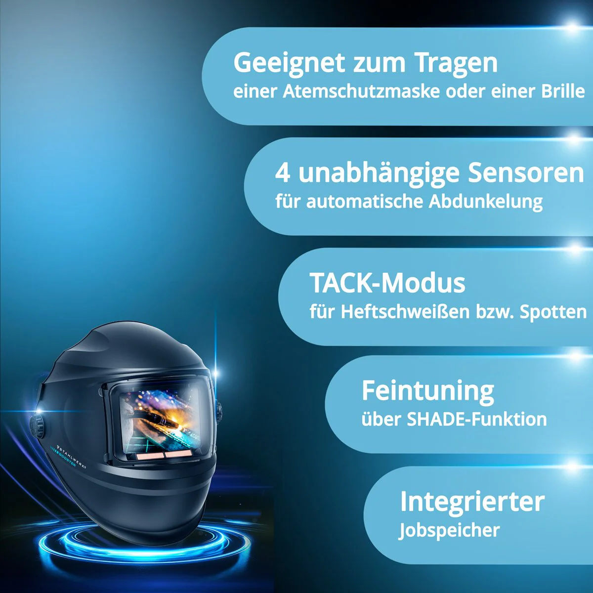STAHLWERK Automatik-Schweißhelm BOOSTER 3-in-1 Schweißerhelm | Schweißermaske mit True-Colour-Echtfarbwiedergabe, Jobspeicher, automatischer Abdunkelung DIN 4 bis DIN 13 und Optischer Klasse 1/1/1/2 - Image 9