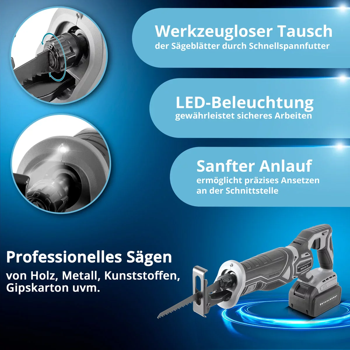 STAHLWERK Brushless Akku-Säbelsäge BRS-20 ST Reciprosäge / Stichsäge / Universalsäge mit 20 Volt, 4 Ah Li Ion Akku, Schnellspannfutter, 0-2600 U/min Leerlaufdrehzahl, 28 mm Hublänge - Image 4