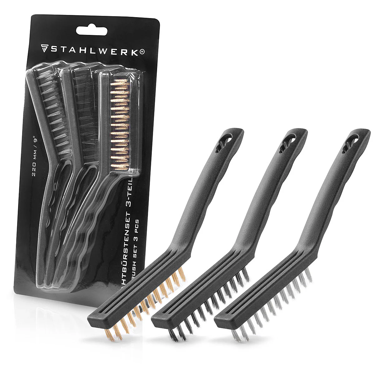 STAHLWERK Drahtbürsten Set 220 mm (9 Zoll) 6-teiliger Bürstensatz aus Messingbürste, Stahlbürste und Nylonbürste zum effektiven Reinigen von Oberflächen - Image 3