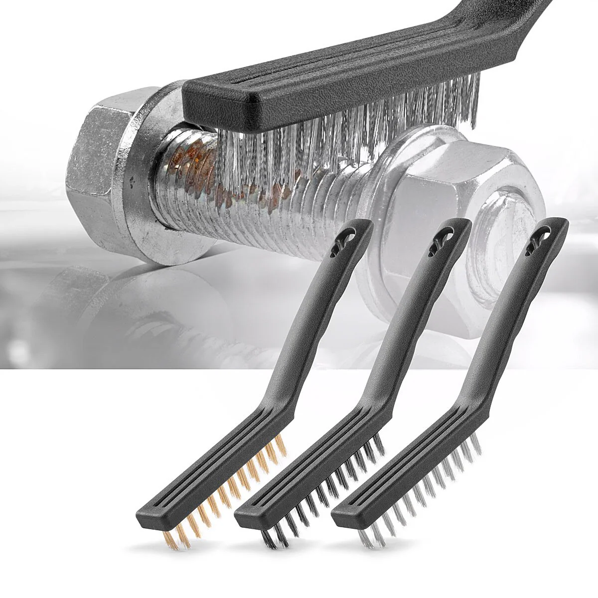 STAHLWERK Drahtbürsten Set 220 mm (9 Zoll) 6-teiliger Bürstensatz aus Messingbürste, Stahlbürste und Nylonbürste zum effektiven Reinigen von Oberflächen - Image 4