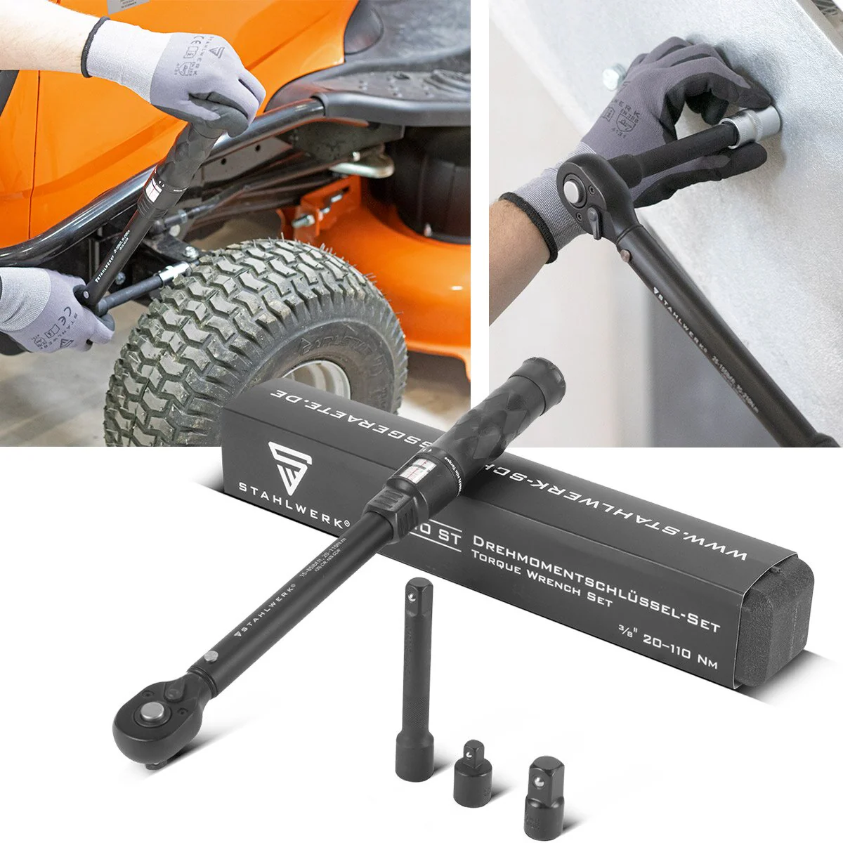 STAHLWERK Drehmomentschlüssel TWS-110 ST 20-110 Nm 3/8“ Umschaltknarre | Ratschenschlüssel | Ratsche | Knarre mit Mikrometerskala inklusive Verlängerungsstange, 1/2“ und 1/4“ Adapter - Image 4