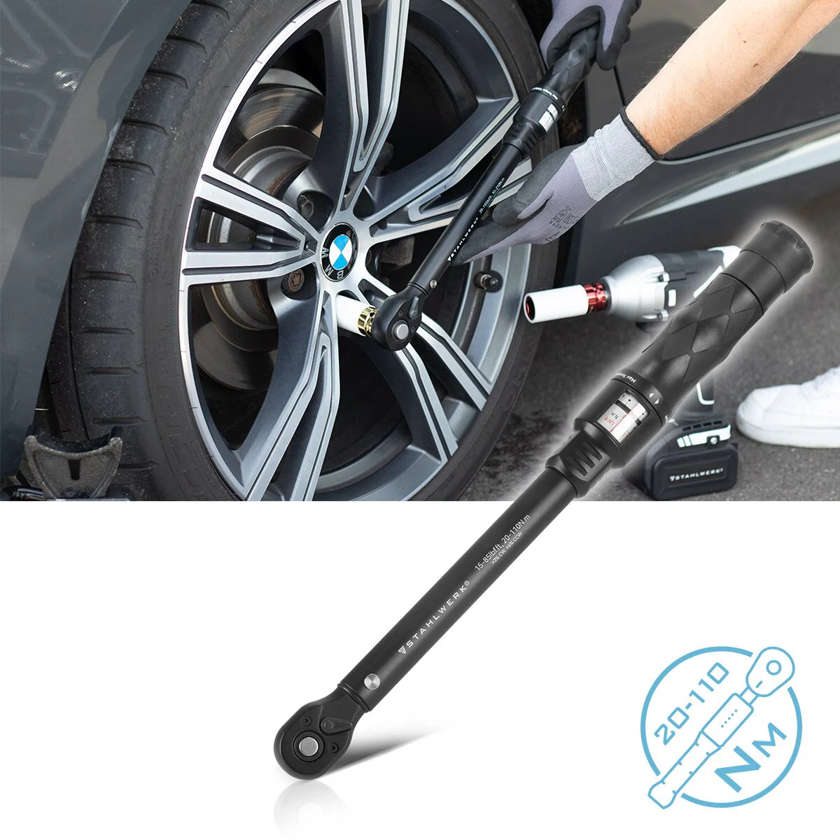 STAHLWERK Drehmomentschlüssel TWS-110 ST 20-110 Nm 3/8“ Umschaltknarre | Ratschenschlüssel | Ratsche | Knarre mit Mikrometerskala inklusive Verlängerungsstange, 1/2“ und 1/4“ Adapter - Image 5