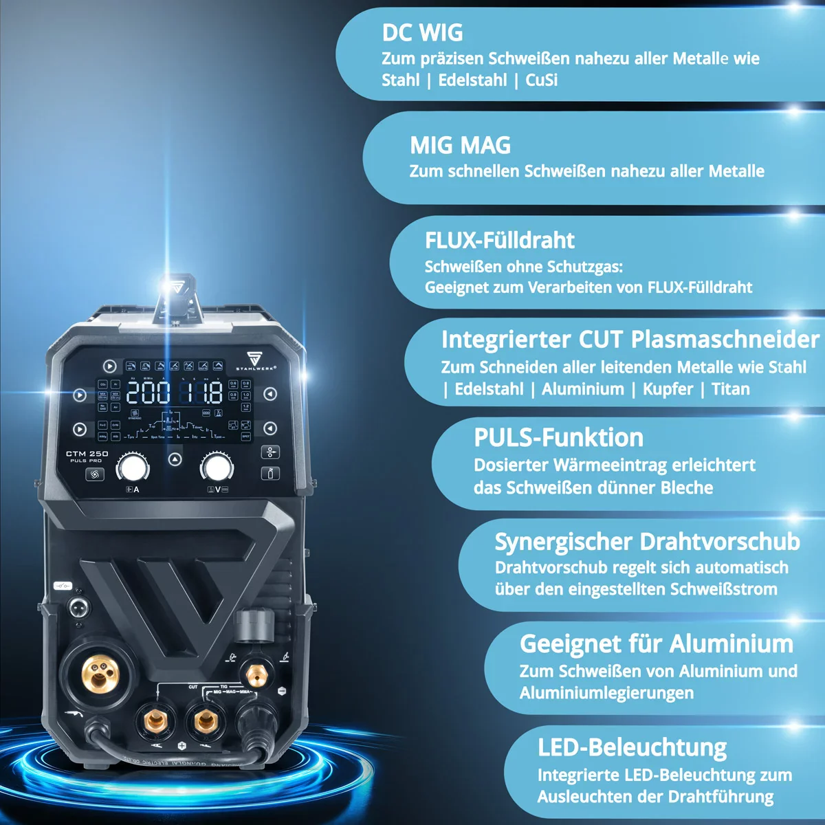 STAHLWERK Kombi-Schweißgerät CTM-250 Puls Pro 6-in-1 Schutzgas-Schweißgerät 200 A | Puls-Funktion | Synergischer Drahtvorschub | Integrierter 45 A Plasmaschneider CUT| WIG | MIG MAG | PULS | MMA| FLUX - Image 7