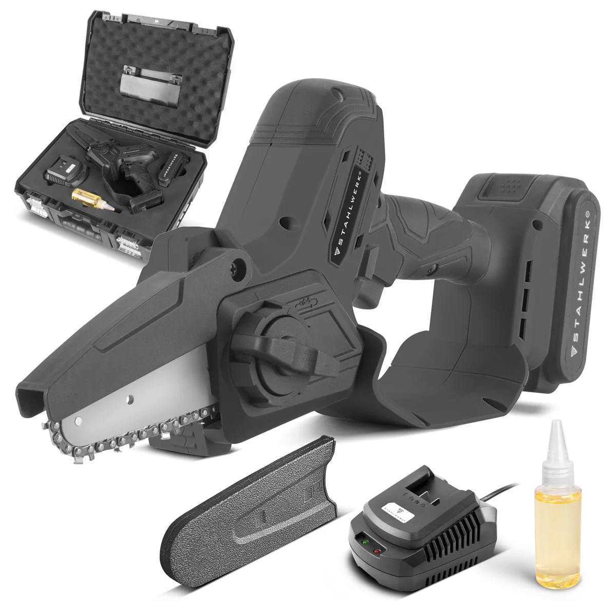 STAHLWERK Mini-Akku-Kettensäge MAK-20 ST mit 2000 mAh Akku | Leistungsstarke Handkettensäge zum Schneiden von Holz aller Art | Elektrische Motorsäge mit Brushless-Technologie | Kompakte Akku-Säge - Image 3