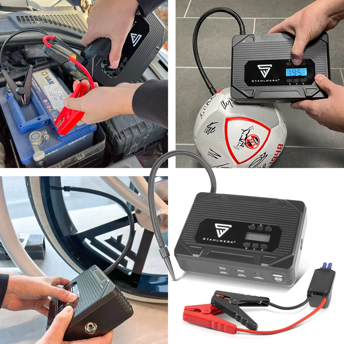 STAHLWERK PB-1400 ST | Powerbank Starthilfe 400 A, 14.000 mAh | Für Benzin- und Dieselmotoren | Mobiler Kompressor mit 3,5 bar Arbeitsdruck und LED-Leuchte | USB-Ladegerät und Starthilfe in einem - Image 12