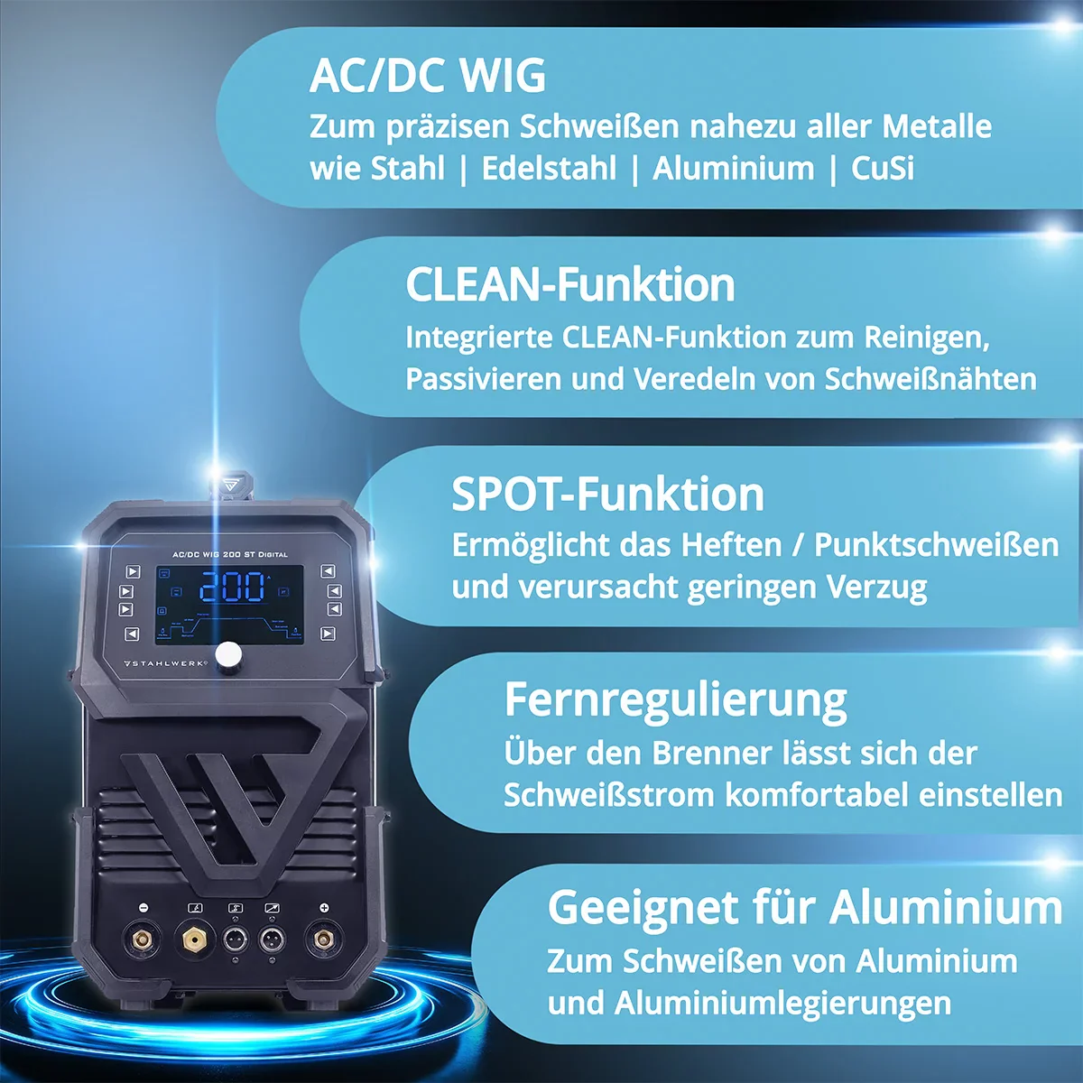 STAHLWERK Schweißgerät AC/DC WIG 200 ST Digital 2026 Vollausstattung | Kombi-Schweißgerät | Kombi-Schweißanlage | Alu-geeigneter WIG MMA Inverter mit 200 A und integrierter Clean-Funktion - Image 5