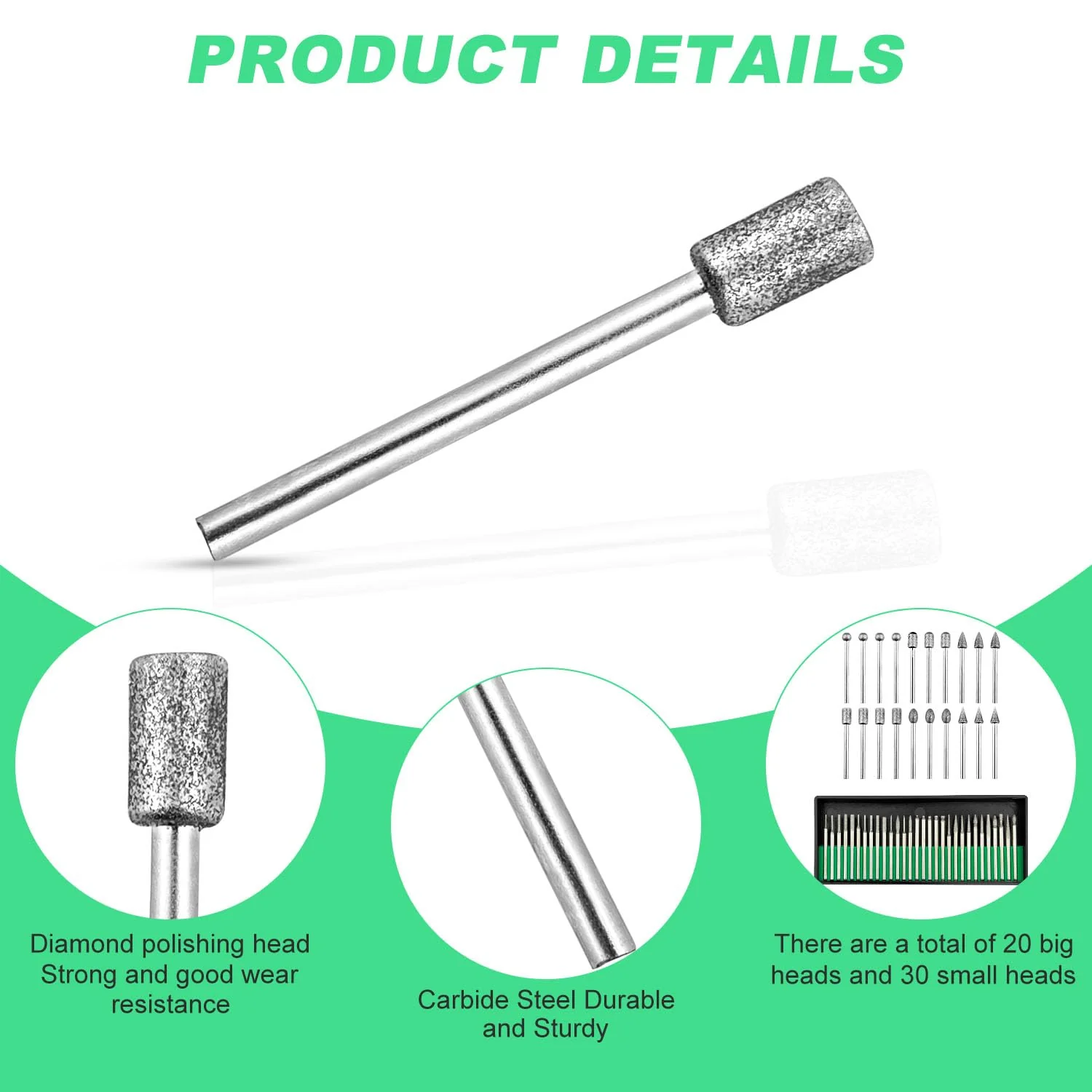 USB-Gravierstift 50 Stück Diamant Fräser Set, Diamant Fräser für Stein, Glas, Keramik, Schnitzen, Schleifen, Polieren, Gravieren, Bohren, Silber - Image 3