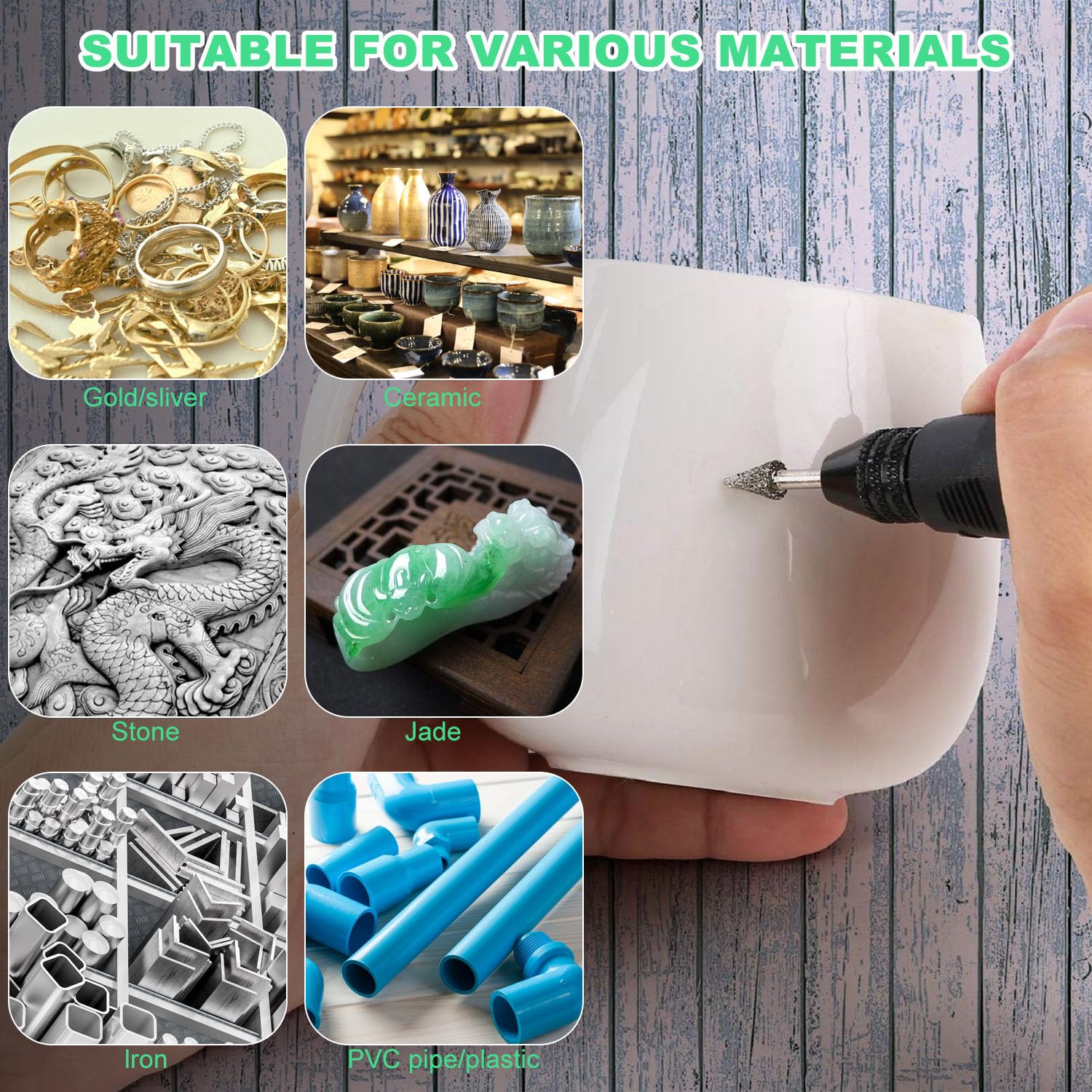 USB-Gravierstift 50 Stück Diamant Fräser Set, Diamant Fräser für Stein, Glas, Keramik, Schnitzen, Schleifen, Polieren, Gravieren, Bohren, Silber - Image 7